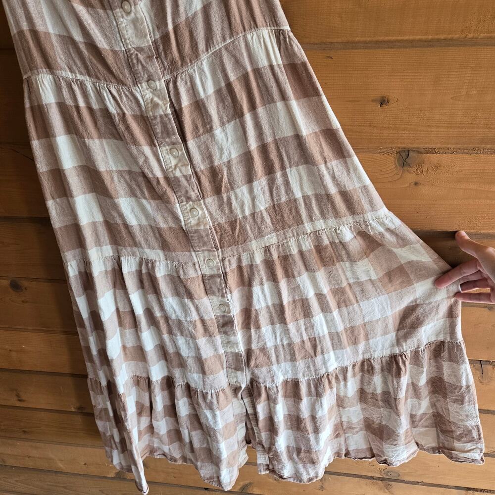 Gap Cami Dress Beige Gingham Linen Blend Button Down Beige Tank Top Boho Flowy - Picture 6 of 6